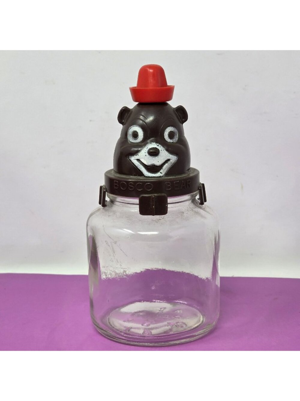 Vintage Bosco Bear Glass Jar Brown Plastic Lid & Red Hat Top Collectible Kitchen